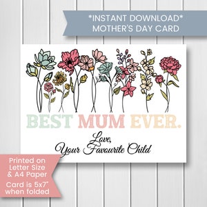 Cartão de Dia das Mães para Imprimir de Sua Filha Favorita, Cartão Engraçado de Dia das Mães para a Mãe, Cartão de Melhor Mãe de Todos os Tempos com Flores, Cartão de Aniversário, Digital