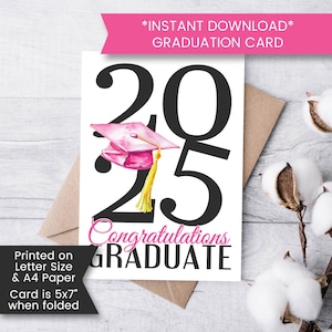 Tarjeta de graduación imprimible 2025 para hija, hermana, sobrina, tarjeta de graduación para la escuela secundaria, para la universidad, rosa, digital