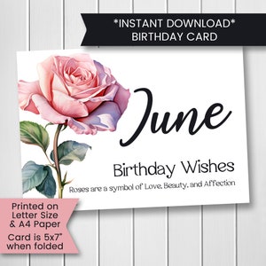 Carte d'anniversaire fleur de naissance juin pour elle, carte fleur de naissance imprimable pour maman, carte d'anniversaire pour juin, fleur de naissance rose, téléchargement numérique