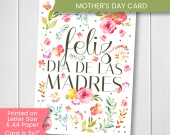Feliz Dia De Las Madres Card, Spanish Mother's Day Card, Dia De La Madre, Mother's Day Card En Espanol, Printable, Digital Download