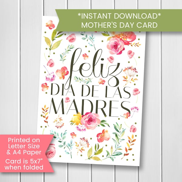 Carte Feliz Dia De Las Madres, carte espagnole de fête des mères, Dia De La Madre, carte de fête des mères en espagnol, imprimable, téléchargement numérique