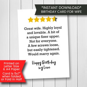 Cartão de aniversário engraçado para impressão para esposa, cartão de aniversário engraçado com classificação por estrelas do marido, parceiro, cartão de aniversário engraçado para esposa, digital