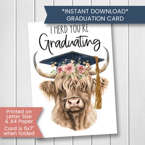 Afdrukbare afstudeerkaart voor dochter, afstudeerkaart Highland Cow voor zus, middelbare school middelbare school afstudeerder voor meisje, digitale download