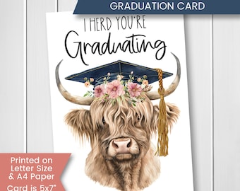 Tarjeta de graduación imprimible para hija, tarjeta de vaca de las Tierras Altas para hermana, tarjeta de graduación de secundaria para ella, descarga instantánea, digital