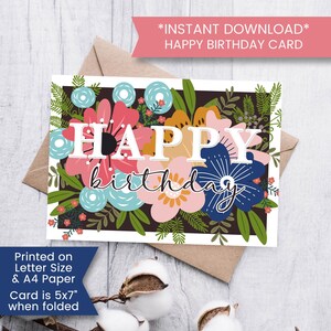 Cartão de aniversário floral para impressão, flores de aniversário, cartão de feliz aniversário para a mãe, cartão floral para aniversário, colorido, digital