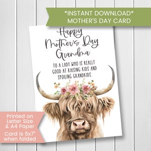 Tarjeta del Día de la Madre para la abuela, Tarjeta imprimible de la vaca de las Tierras Altas para la abuela, Tarjeta del Día de la Madre de la abuela, Tarjeta del Día de la Madre, Descarga digital