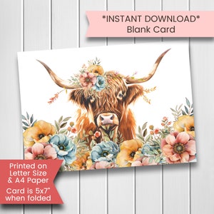 Cartão em branco para impressão de vaca Highland, cartão com vaca, cartão em branco Scottish Highland Cow para amigo, cartão Coos para qualquer ocasião, digital, download