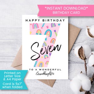 Cartão de aniversário de 7 anos para impressão para neta, cartão de aniversário de arco-íris, cartão de aniversário de 7 anos para crianças, rosa, menina, instantâneo, digital