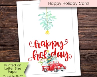 Printable Christmas Card, Happy Holiday Card, Red Truck Christmas Card, Vintage Red Truck, Happy Holiday, Printable, Digital, Download