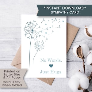 May include: A teal dandelion design features on a sympathy card. The card reads "No Words. Just Hugs." and is printed on letter size and A4 paper. The card is 12.7cm x 17.8cm when folded. The words "*INSTANT DOWNLOAD* SYMPATHY CARD" are at the top.