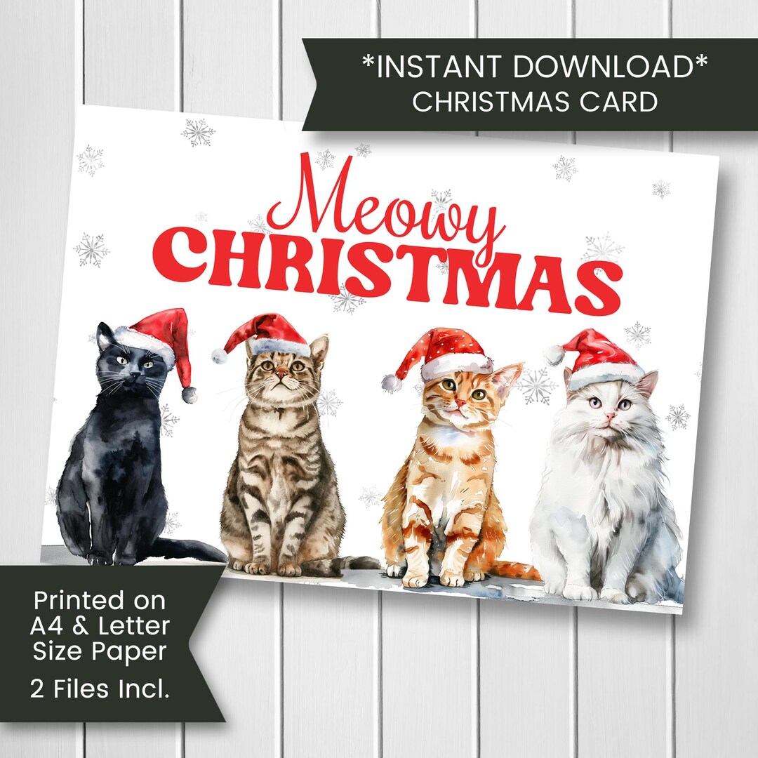Printable Funny Cat Christmas Card for Her, Meowy Christmas Card for ...
