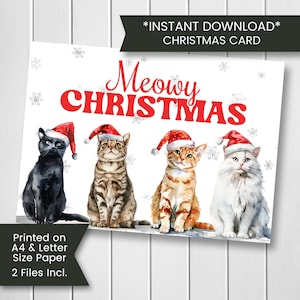 Carte de Noël imprimable drôle de chat pour elle, carte de Noël de miaou pour un ami, carte de chats de Noël pour l'amant de chat, imprimable, numérique, téléchargement