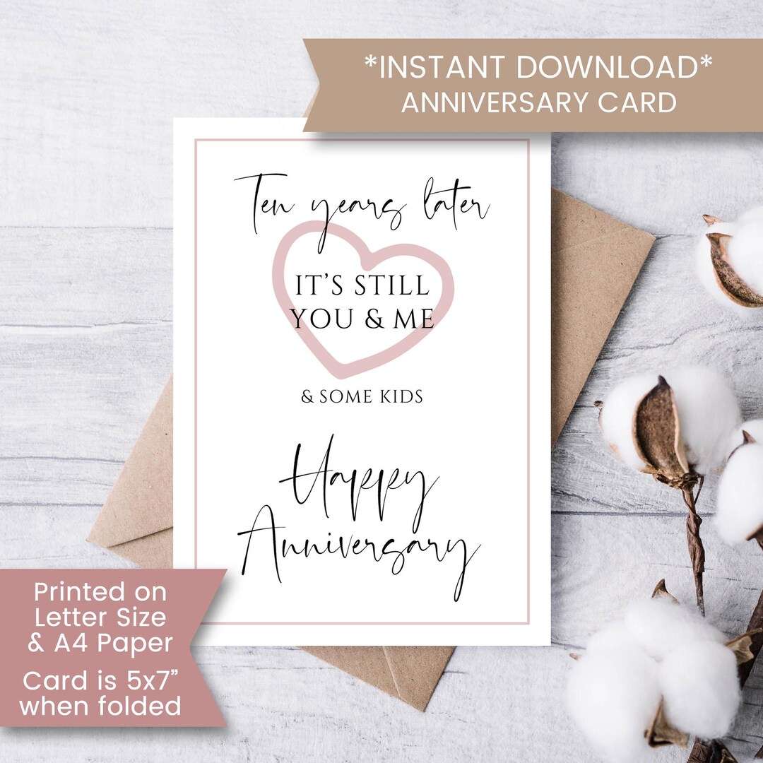 Printable 10 Year Anniversary Card for Wife or Husband, 10th ...