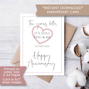 Printable 10 Year Anniversary Card for Wife or Husband, 10th Anniversary, Tenth Anniversary Card, Download, Digital File