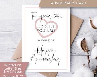 Printable 10 Year Anniversary Card for Wife or Husband, 10th Anniversary, Tenth Anniversary Card, Download, Digital File