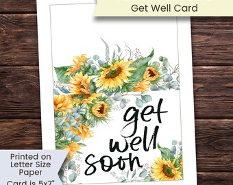 Printable Get Well Card, Sunflower Get Well Card, Get Well Card, Get Well Soon Card, Get Well Soon, Sunflowers, Printable, Digital, Download