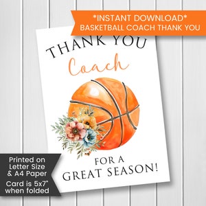 Carte de remerciement imprimable entraîneur de basket-ball pour elle, merci pour entraîneur adjoint de basket-ball, carte de remerciement pour carte d'appréciation de l'entraîneur