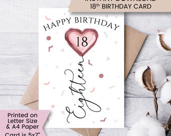 Tarjeta de cumpleaños número 18 imprimible para hija, tarjeta de cumpleaños número 18 con corazón para sobrina, tarjeta de dieciocho años para ella, descarga, archivo digital