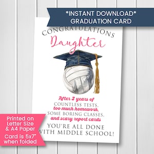 Carte imprimable de remise des diplômes de 8e année pour fille, carte de diplômé de collège pour amateur de volleyball, diplômé de félicitations, téléchargement numérique