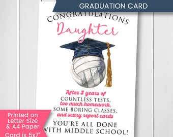 Tarjeta de graduación imprimible de octavo grado para hija, tarjeta de graduación de secundaria para amante del voleibol, felicitaciones, descarga digital.