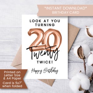 Cartão engraçado para imprimir de 40º aniversário para ela, cartão de aniversário de vinte e duas vezes para namorada, para filha, quadragésimo, balão de alumínio, digital instantâneo