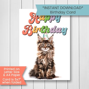 Carte d'anniversaire Maine Coon, carte d'anniversaire chat à imprimer pour elle, jolie carte d'anniversaire pour enfant, carte de joyeux anniversaire pour amoureux des chats, numérique