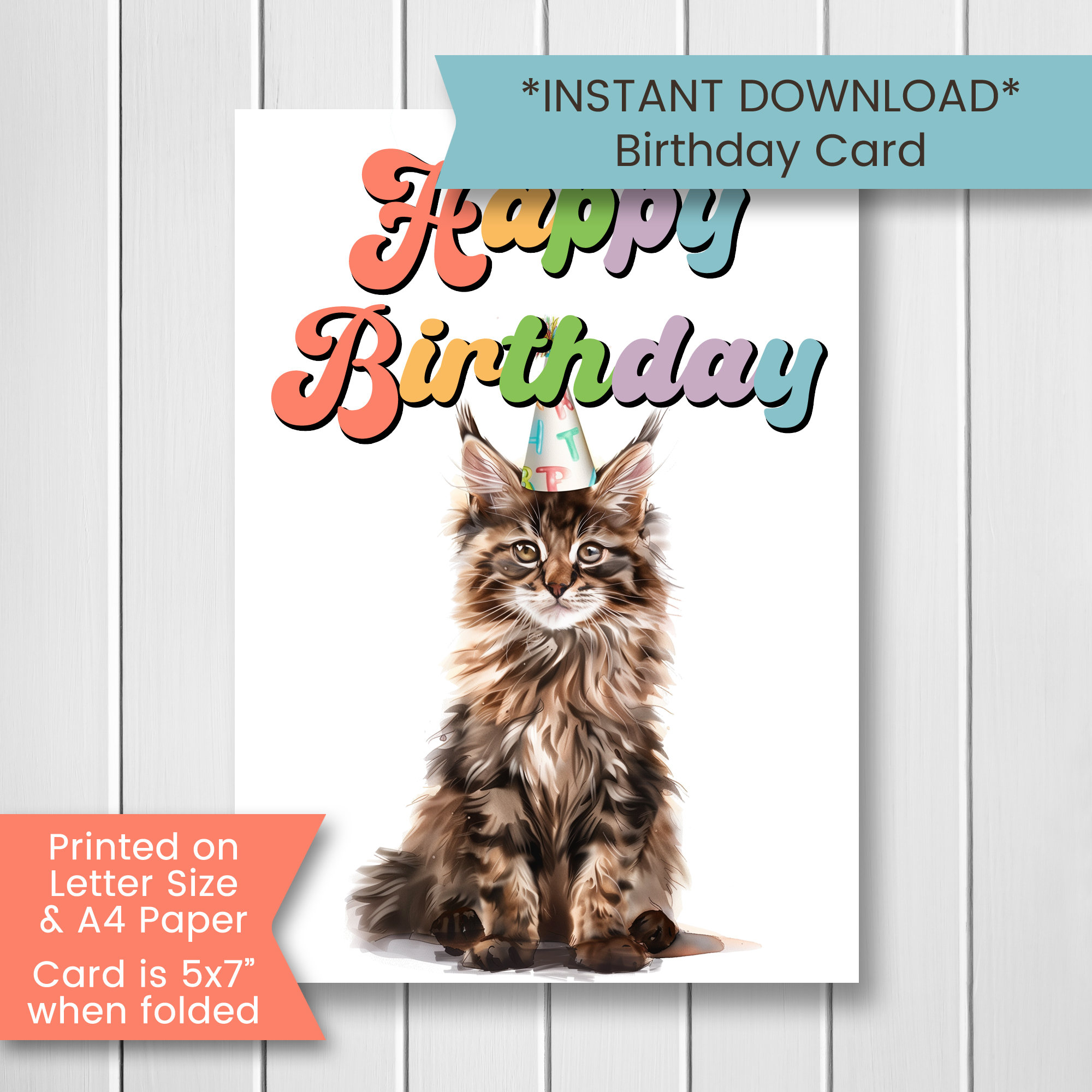 Geburtstagskarte „Maine Coon“ – Aquarell-Design, Blanko Innen, Mit Umschlag