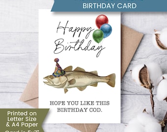 Printable Birthday Card for Fisherman, Funny Birthday Card for Dad, Fish Birthday Cod, Digital File, Download