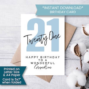 Printable 21st Birthday Card for Grandson, Milestone Birthday Card for Him, Birthday Gift Card, Twenty One, Instant, Digital Download