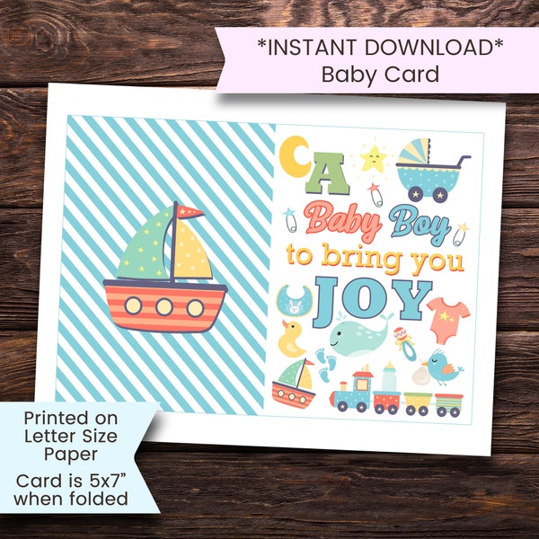 New Baby Boy Card, Printable Baby Boy Card, New Baby, Welcome Baby Card, Congratulations, Boy, Train, Boat, Printable, Digital, Download