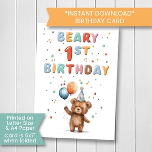 Karte zum 1.Geburtstag für Ihn druckbare Teddybär Geburtstagskarte für Sohn, für Jungen, Bär alles Gute zum Geburtstag für Neffe, digitaler Download