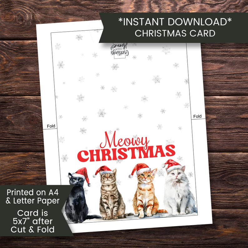 Printable Funny Cat Christmas Card for Her, Meowy Christmas Card for ...