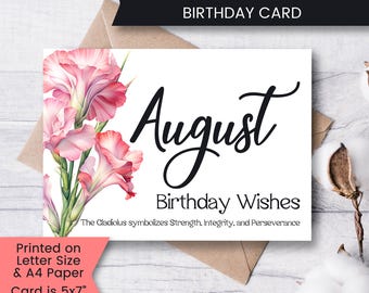 August Birth Flower Birthday Card for Her, Printable August Birthday Card for Mom, Gladiolus Birth Flower Card for Sister, Digital Download