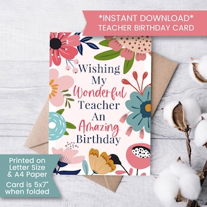 Cartão de aniversário para impressão para professor, cartão de aniversário para professor com flores, cartão de aniversário de aluno, cartão para ela, digital