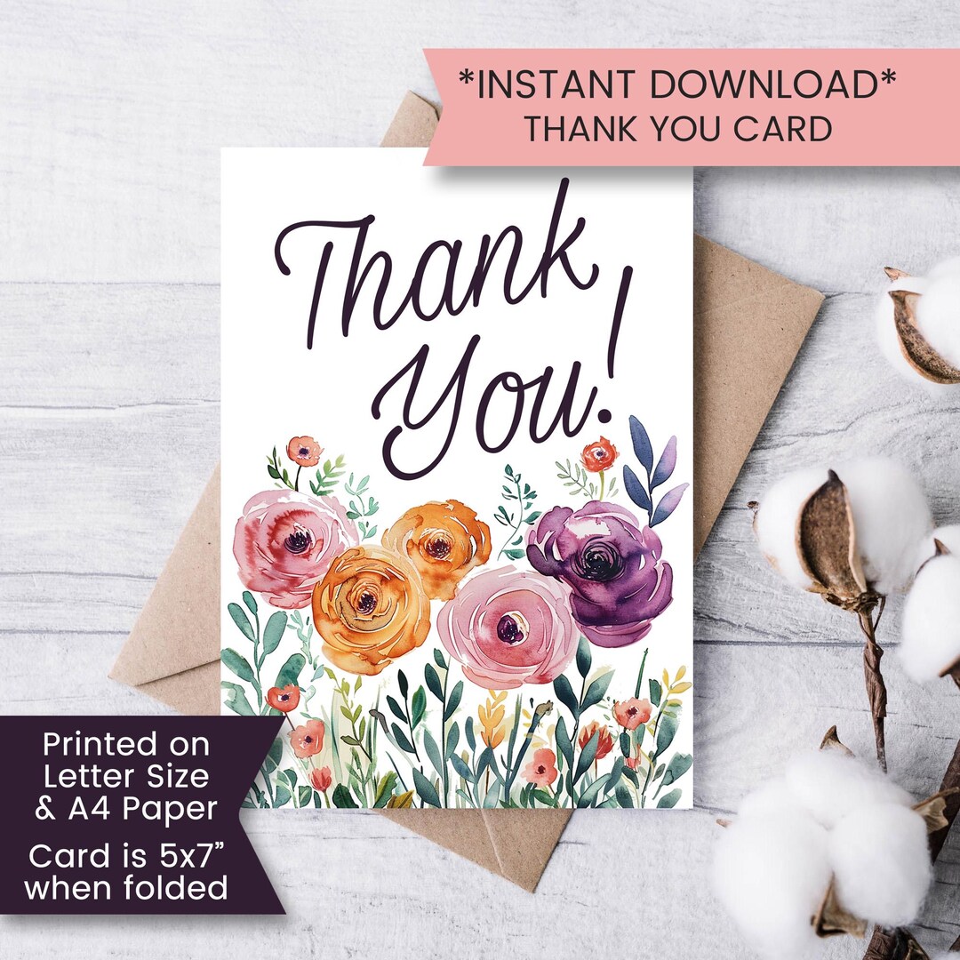 Printable Floral Thank You Card for Her, Thank You Card Flowers ...