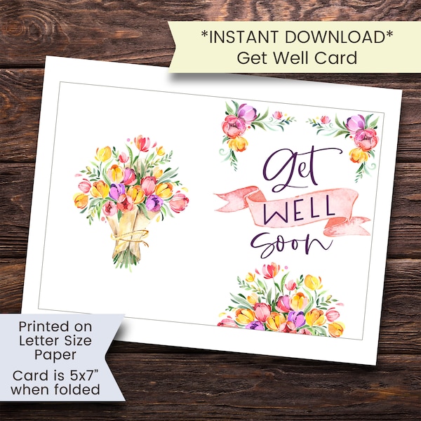 Printable Get Well Card, Floral Get Well Card, Get Well Card, Get Well Soon Card, Get Well Soon, Watercolor, Printable, Digital, Cottagecore