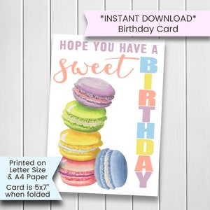 Lindo cartão de aniversário para ela, cartão de aniversário Macaron para impressão para amigo, cartão de feliz aniversário para colega de trabalho, bolo de aniversário, download digital