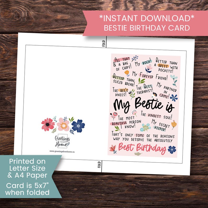 May include: A pink and white printable birthday card with a floral design and the text "My Bestie is" and "Best Birthday".