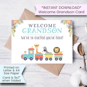 Nouvelle carte de bébé garçon pour petit-fils, carte de bébé garçon imprimable, petit-fils de bienvenue, félicitations, garçon, train, safari, instantané, téléchargement numérique