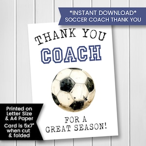 Afdrukbare voetbalcoach bedankkaart, bedankt voor voetbalcoach, assistent-coach, waardering voetbalcoach, einde seizoen, digitaal