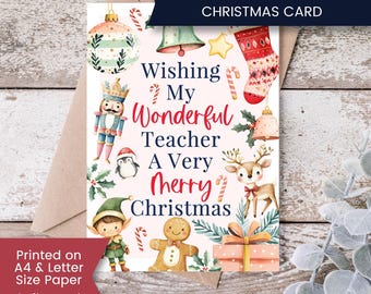 Printable Christmas Card for Teacher, Teacher Christmas Card from Student, Card for Her, Digital Download