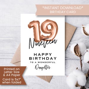Carte d'anniversaire imprimable pour fille, dix-neuf anniversaire de parents, dix-neuf ans, de maman, de papa, téléchargement immédiat, numérique