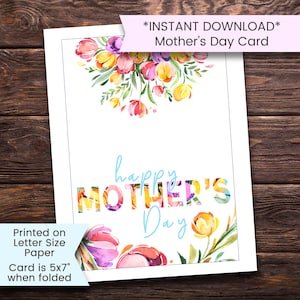 Tarjeta del Día de la Madre Imprimible, Tarjeta del Día de la Madre, Tarjeta de Felicitación del Día de la Madre, Floral, Acuarela, Tipografía, Imprimible, Digital, Descargar