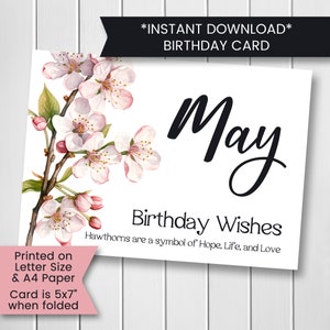 Tarjeta de cumpleaños de la flor de nacimiento de mayo para ella, tarjeta de flor de nacimiento imprimible para mamá, tarjeta de cumpleaños para mayo, flor de nacimiento de espino, descarga digital
