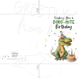 K&ouml;nnte beinhalten: Eine Gru&szlig;karte mit einem gr&uuml;nen Dinosaurier, der einen Partyhut tr&auml;gt und einen Geburtstagskuchen mit Kerzen h&auml;lt. Die Karte lautet "Wishing you a Dino-mite Birthday".
