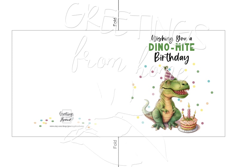 K&ouml;nnte beinhalten: Eine Gru&szlig;karte mit einem gr&uuml;nen Dinosaurier, der einen Partyhut tr&auml;gt und einen Geburtstagskuchen mit Kerzen h&auml;lt. Die Karte lautet "Wishing you a Dino-mite Birthday".
