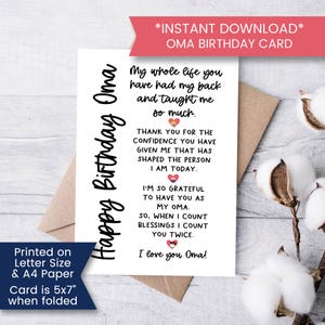 Carte d'anniversaire imprimable pour Oma, carte d'anniversaire pour le meilleur Oma, carte d'anniversaire Oma de petit-enfant, merci, anniversaire de grand-mère, numérique