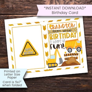 Carte d'anniversaire de construction imprimable, imprimable carte d'anniversaire pour petit-fils, excavateur, construction, petit-fils, imprimable, numérique, téléchargement