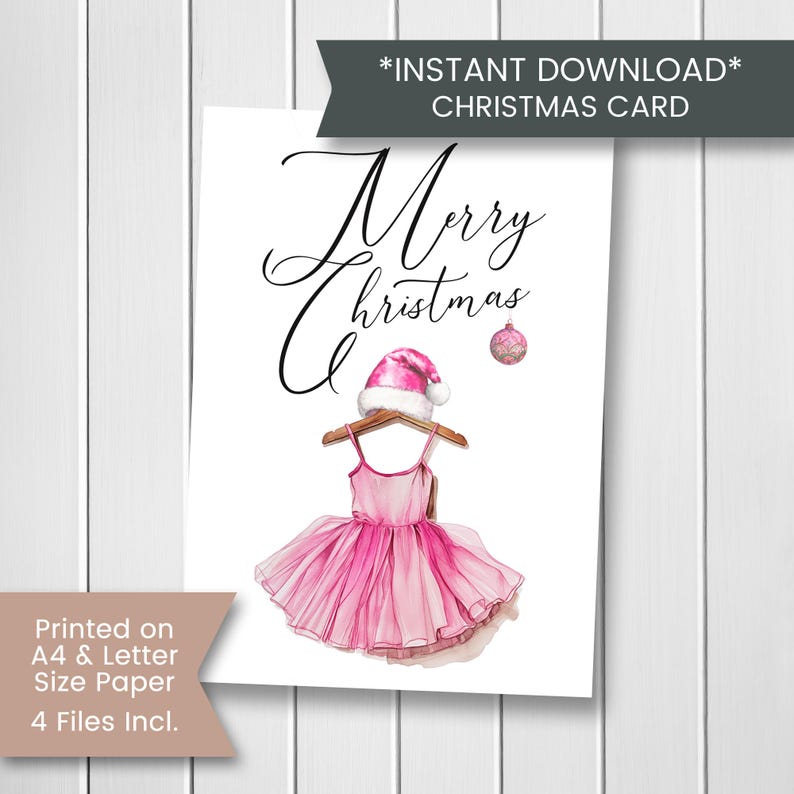 May include: A printable Christmas card featuring a pink ballerina tutu with a Santa hat on top. The card says "Merry Christmas" in cursive.