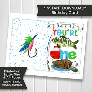 Carte de premier anniversaire de pêche, carte d'anniversaire de pêche imprimable, carte d'anniversaire, Ofishally One, carte de joyeux anniversaire, imprimable, numérique